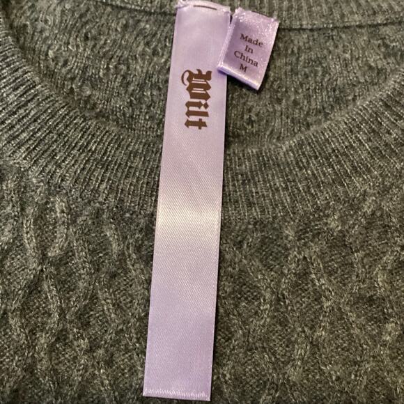 Wilt Y2K Charcoal Gray 100% Cashmere Diamond Cable Cropped Sweater L - Picture 7 of 10